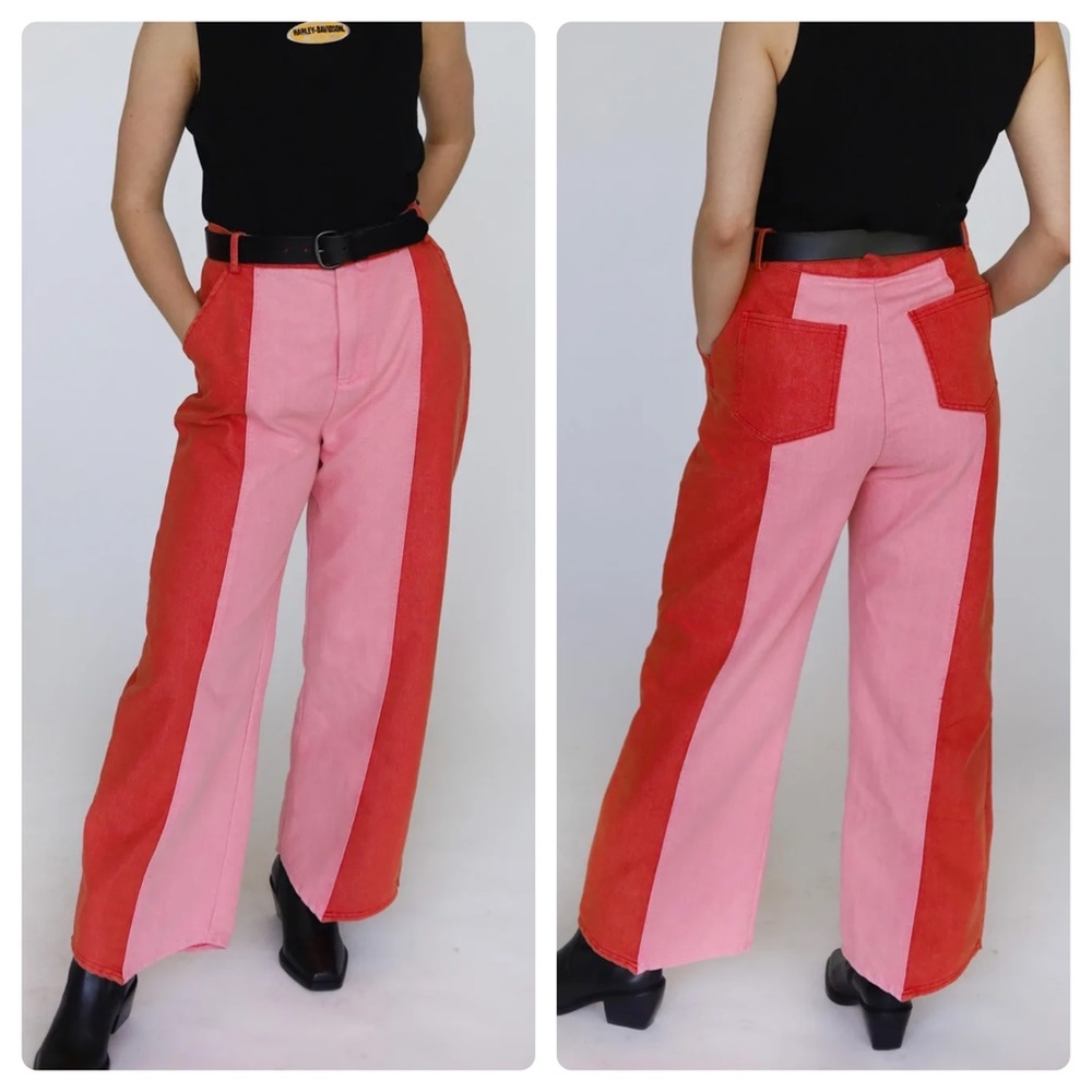 Two-Tone Pink & Red Wide Leg Pants